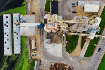 Drone shot capturing an industrial facility and surrounding area in Winona, MN.